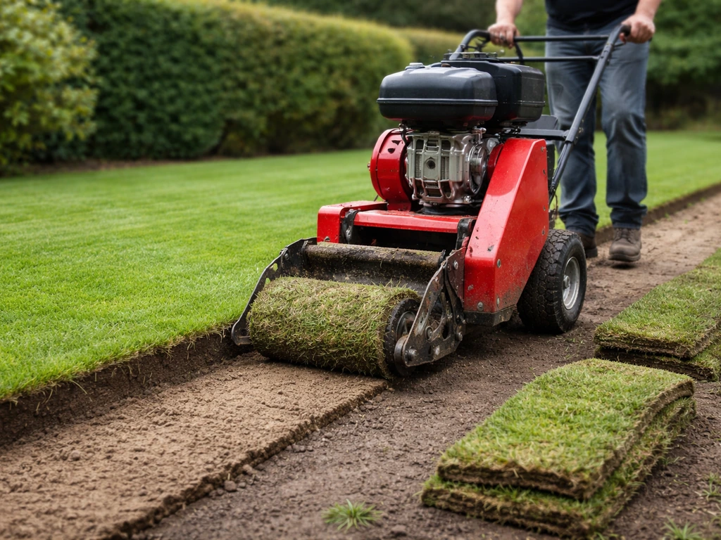 Zodenfrees/spikmachine snijdt grasmat af in een tuin; losse stroken liggen naast het werkpad.