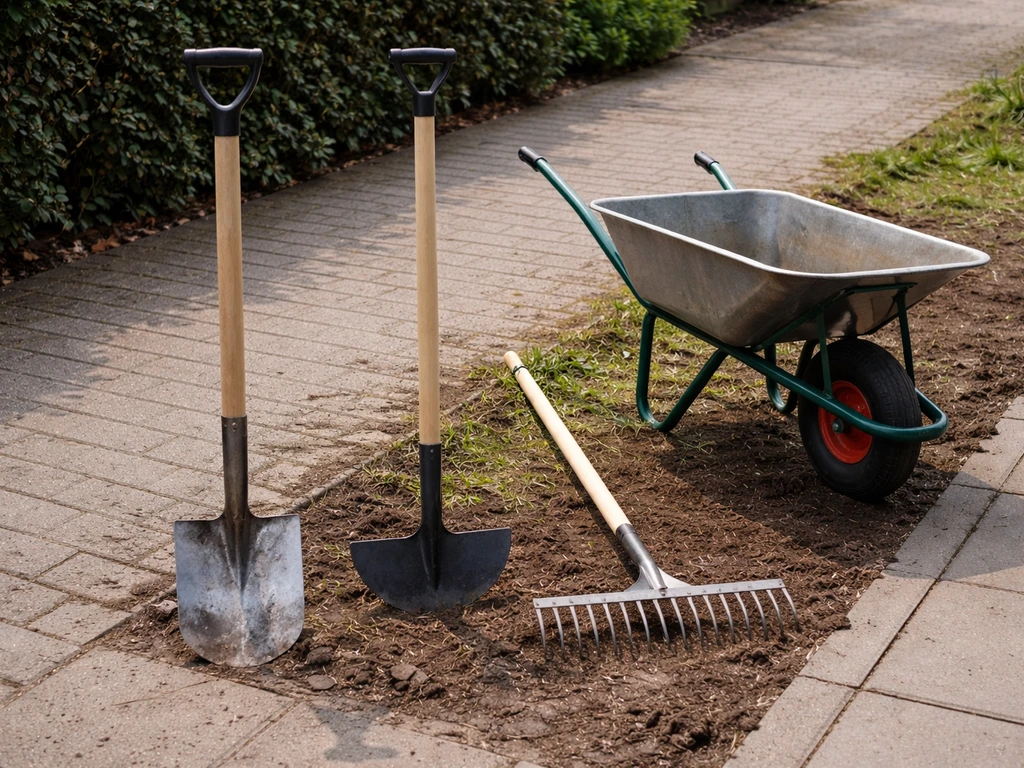 Spade, zodenmesje/steek en hark met kruiwagen klaar op een oprit voor gazon verwijderen en afvoer