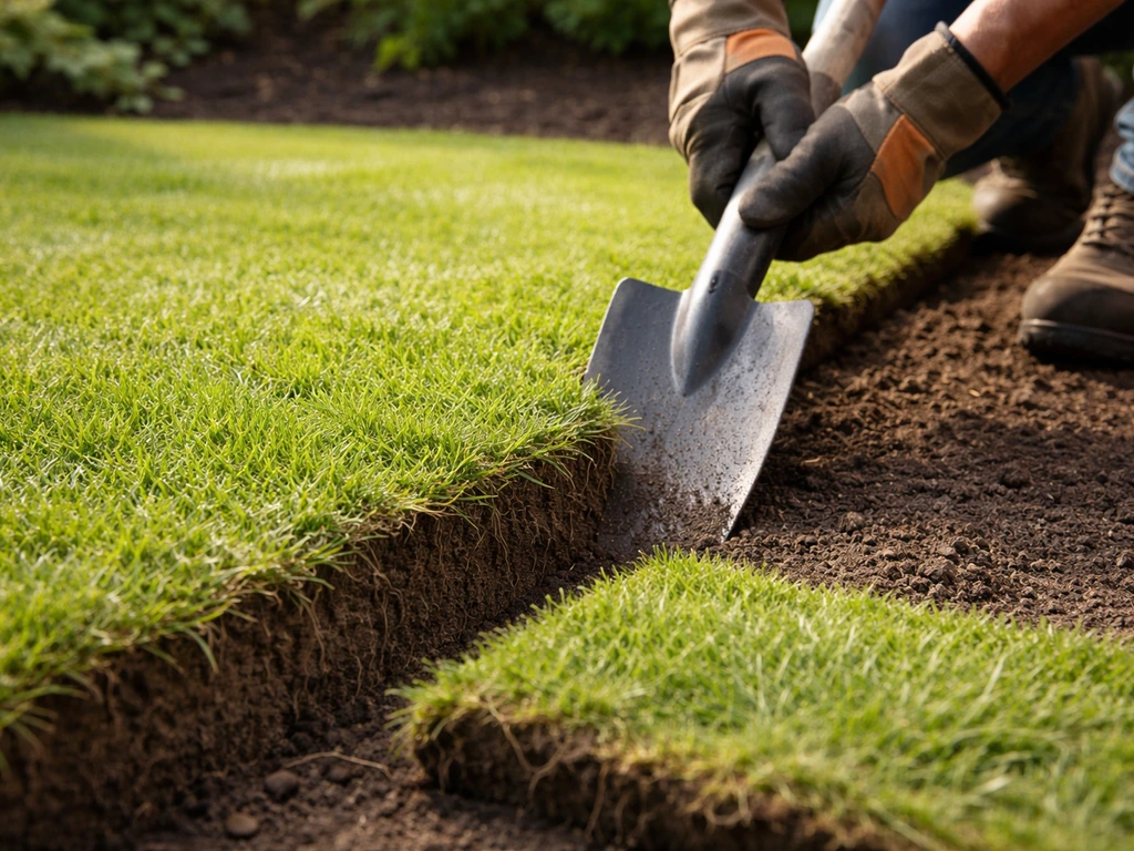 Korte gemaaid gras, schop langs de rand en losgemaakte graszoden met zicht op wortelmat