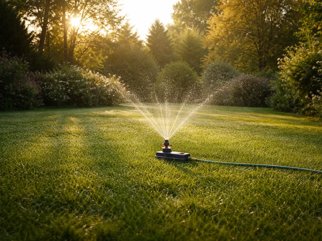 Dauw op gras en een sproeier die net begint; vroege ochtendzon bij een rustige tuin