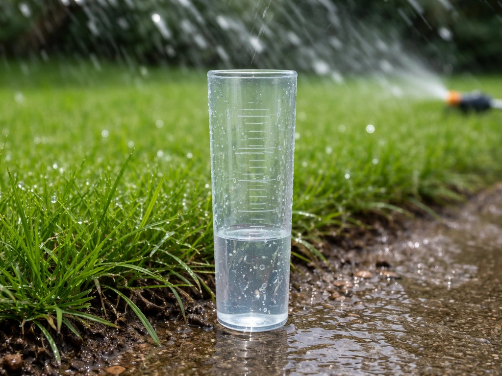 Regenmeter/maatpotje dat water opvangt in een sproeizone van een gazon, met druppels op gras.