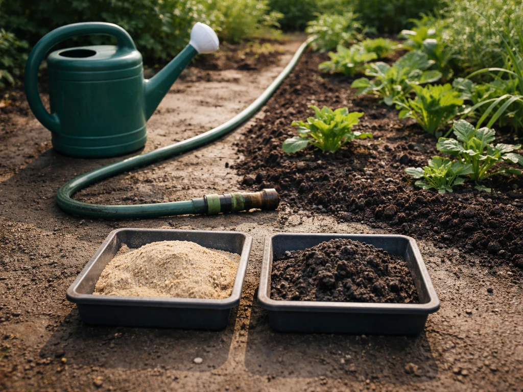 Gieter en slang op een tuinbed met twee eenvoudige, lege troffelbakjes om beregeningsadvies per grondsoort te symboliser