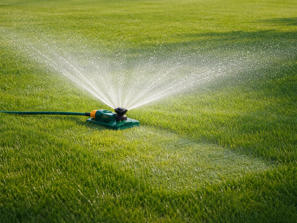 Roterende sproeier op een gazon die waterstralen gelijkmatig over een afgebakend vlak verspreidt