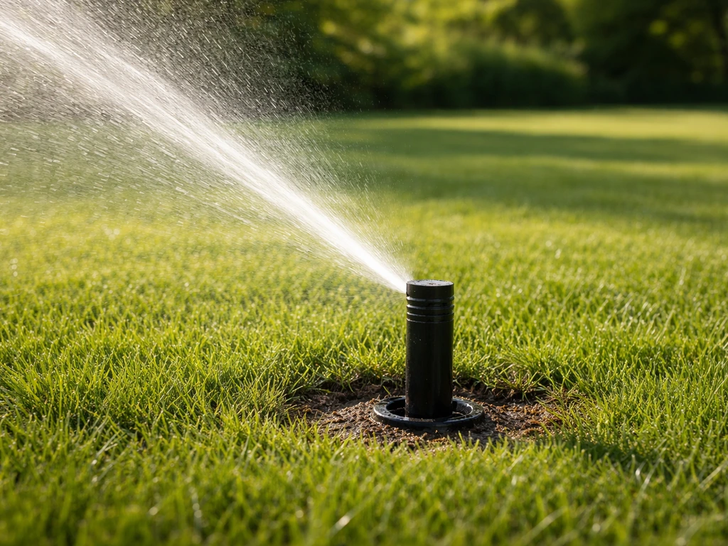 Ondergrondse beregening met een pop-up sproeikop die water geeft in een netjes gazon