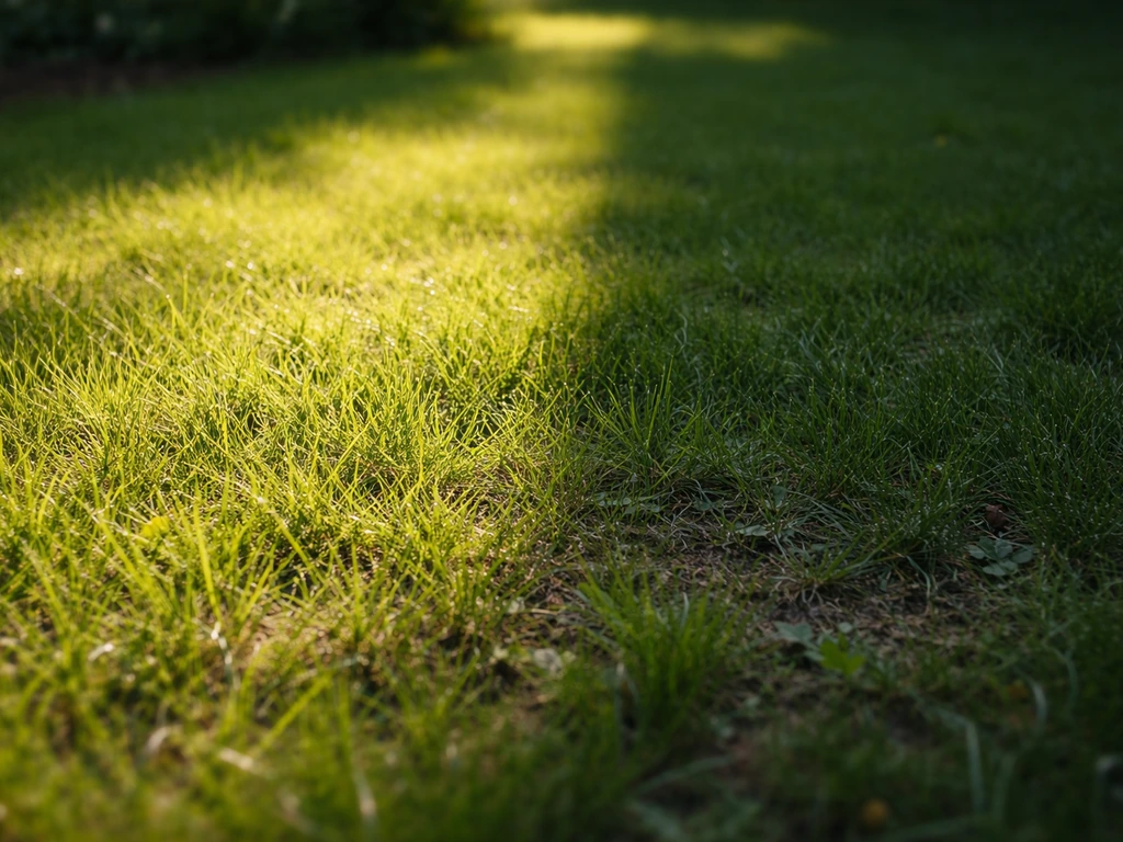 Zon en schaduw op gras: een duidelijke grens tussen licht en schaduw op de gazonplek