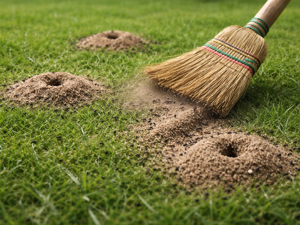 Close-up van rode mieren en kleine aardhoopjes op een groen gazon, met een bezem die hoopjes gladstrijkt.