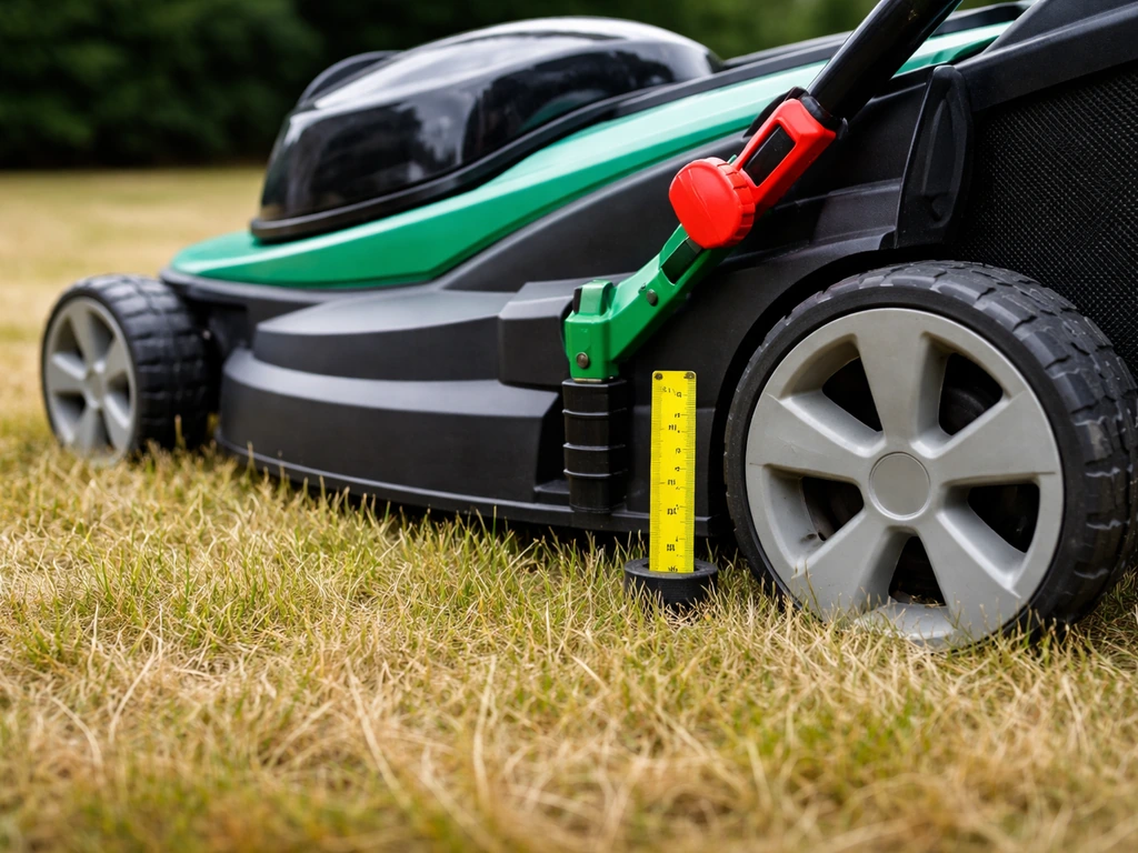 Groene gazonmanier: maaier ingesteld op 3–4 cm met meetlint/maaistand zichtbaar op een dofgeel grasveld.