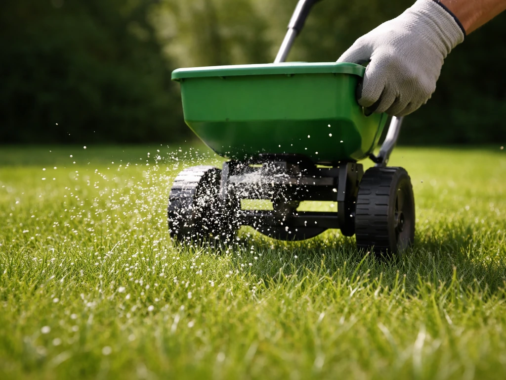 Hand met beschermende handschoen strooit mestkorrels over een gazon, heldere korrels zichtbaar op gras.