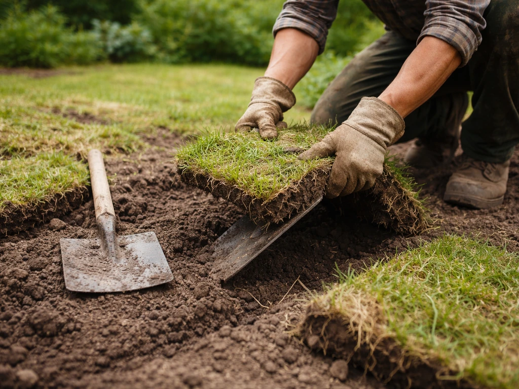 Close-up van een werknemer die oude graszoden afsteekt en uitneemt met een schop op een kale plek