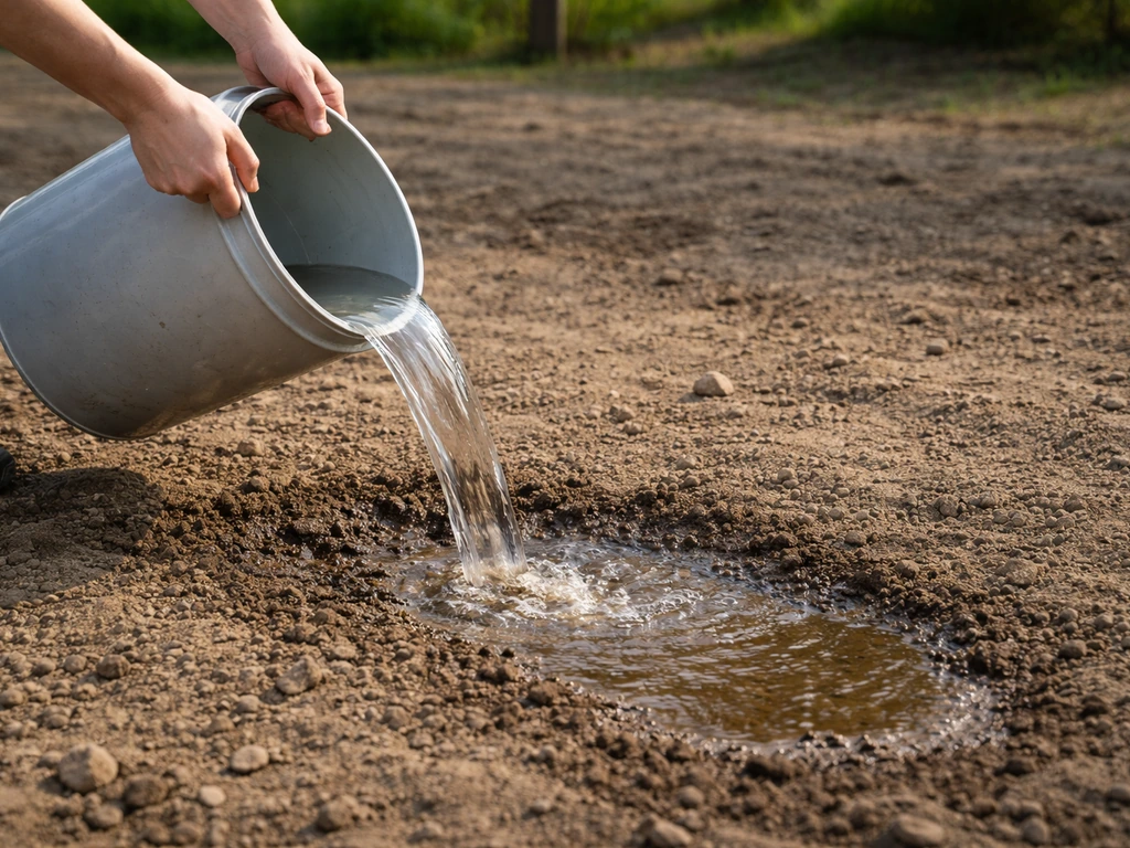Een emmer water wordt op kale grond gegoten terwijl het water langzaam wegzakt of even blijft staan.