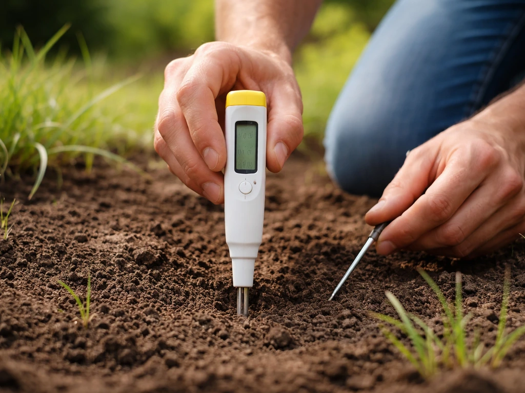 Iemand meet de pH van de bodem met een pH-meter bij een grasveld, close-up op de grond en het instrument.