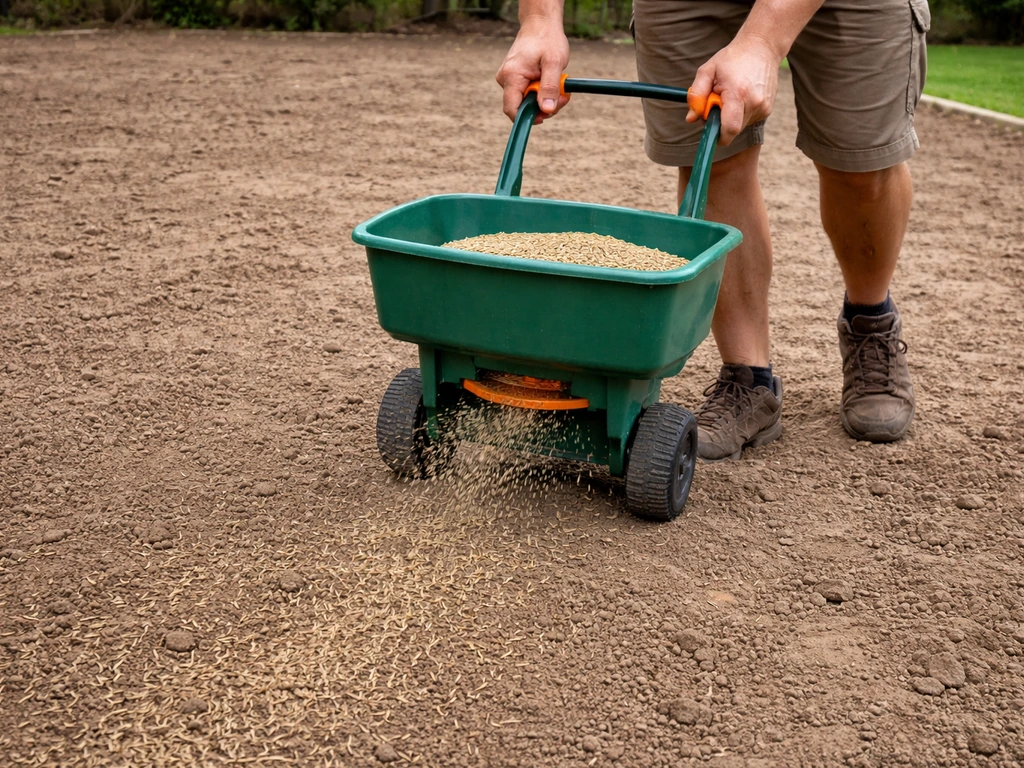 Handen met strooier die graszaad gelijkmatig uitstrooit op voorbereide tuinbodem