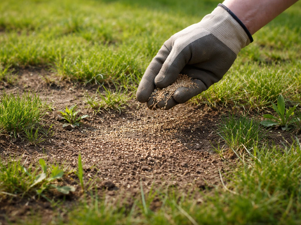 Nieuw ingezaaid gazon met kale plekken en onkruid tussen gras, met een hand die opnieuw inzaait