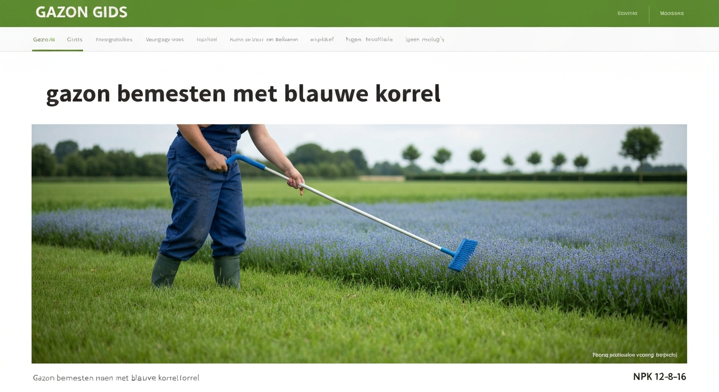 Persoon strooit blauwe korrel met handstrooier op een gezond gazon, ochtendlicht