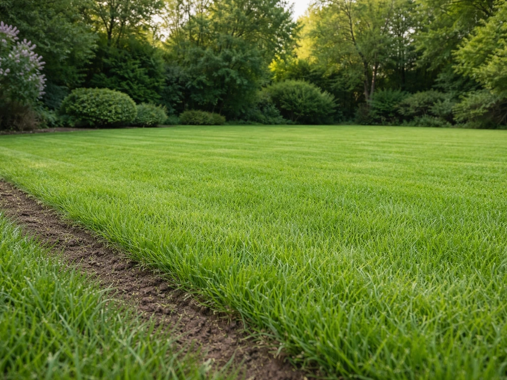 Breed egaal groen gazon met herstelde grasmat, weinig mos en geen zichtbare gele plekken.
