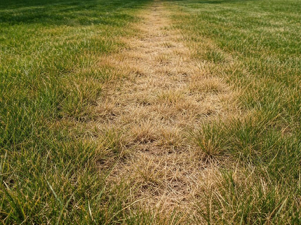 Close-up van een gazon met een droogtestreep: gele en bruine plekken en rijen gras vooraan in beeld.