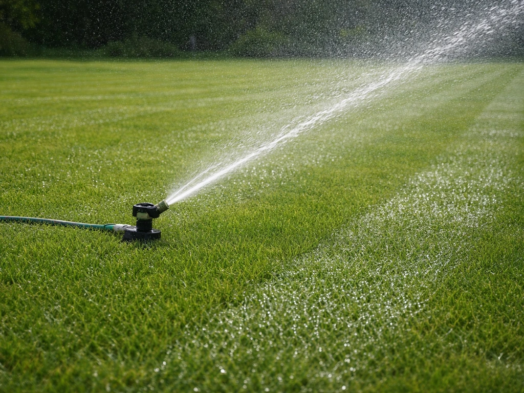 Natte gazonstroken door een werkende sproeier met gelijkmatige wateruitgifte, druppels op het gras.