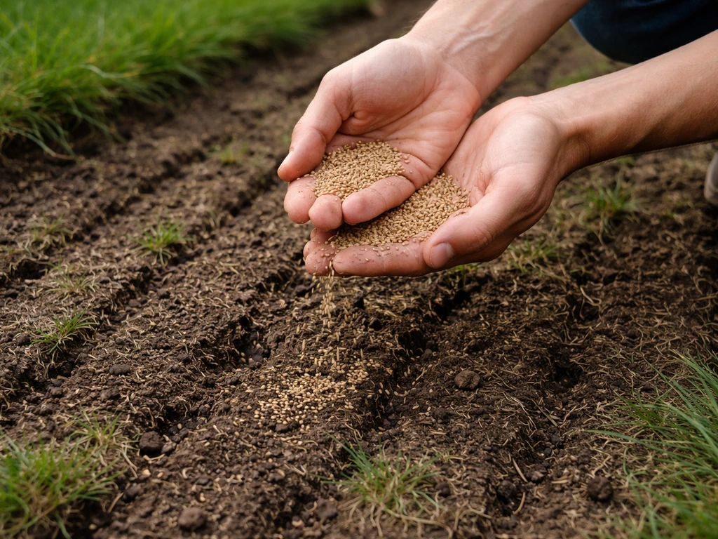 Handen die graszaad strooien op een opengewerkte grasmat met zichtbare sleuven en zaadkorrels.