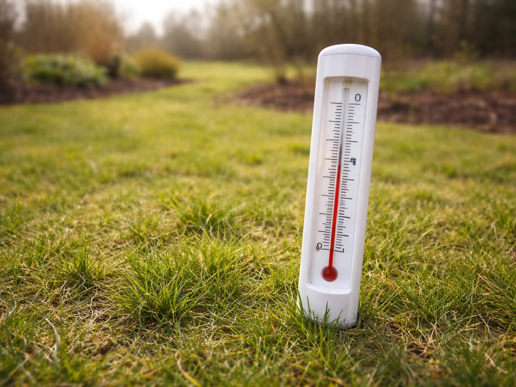 Thermometer bij een groen gazon in het vroege voorjaar, luchtfoto met zacht licht en seizoensgevoel.