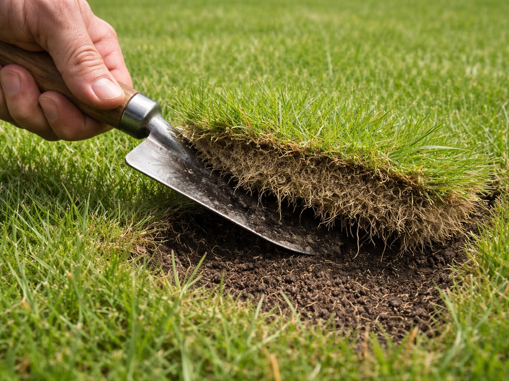 Close-up van een tuinschep die graszoden optilt, met een zichtbare bruinachtige viltlaag onder het gras.