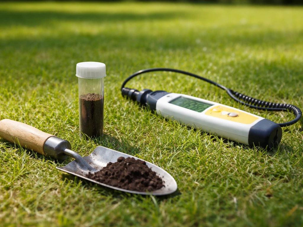 Bodemtestkit met pH-meter en grondmonster naast een gazon, klaar om de zuurgraad te controleren.