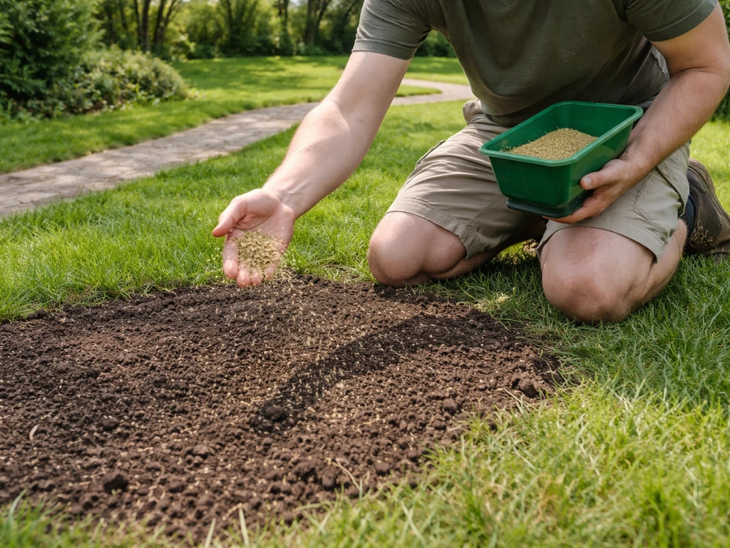 Iemand strooit graszaad uit over een kale plek in het gazon, met losgemaakte grond zichtbaar.