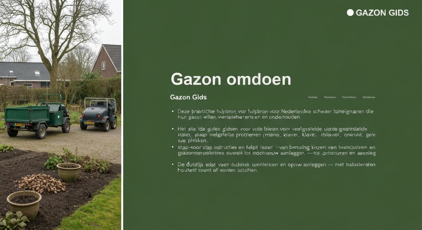 Voorjaarsbeeld van een Nederlandse tuin met deels omgespit gazon en gereedschap