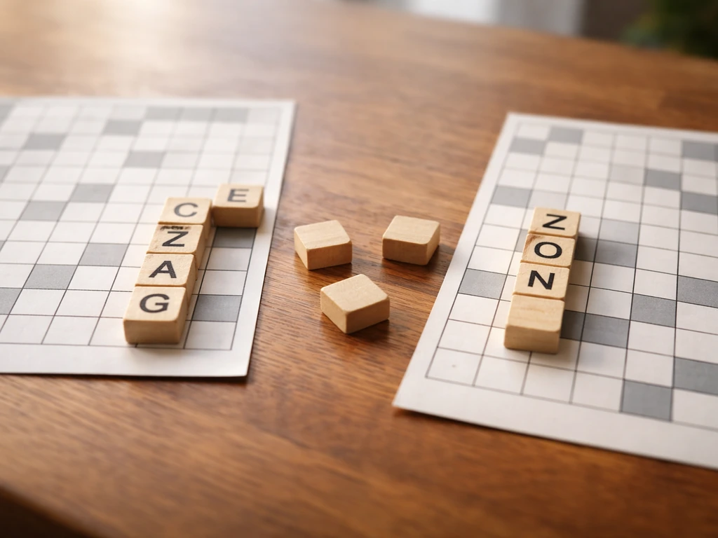 Close-up van een kruiswoordpuzzel met twee lege antwoordstroken en losse letterblokjes op houten tafel.