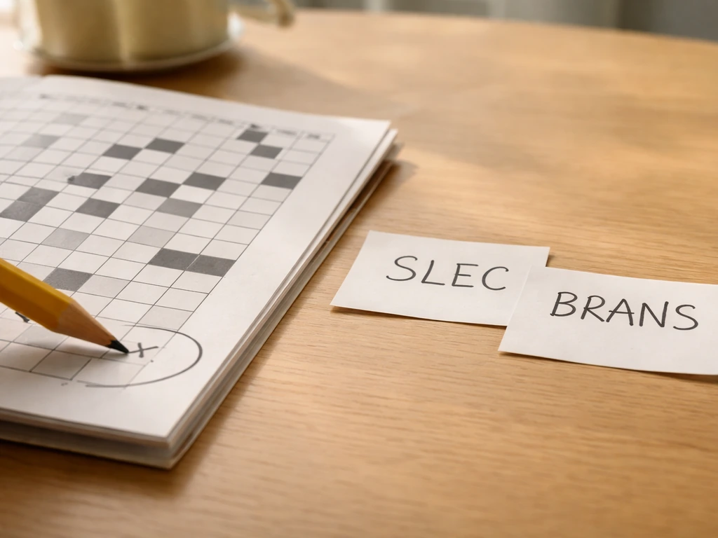 Minimalistische puzzeltafel met potlood en twee kaartjes die fout versus goed suggereren bij gras-letters.