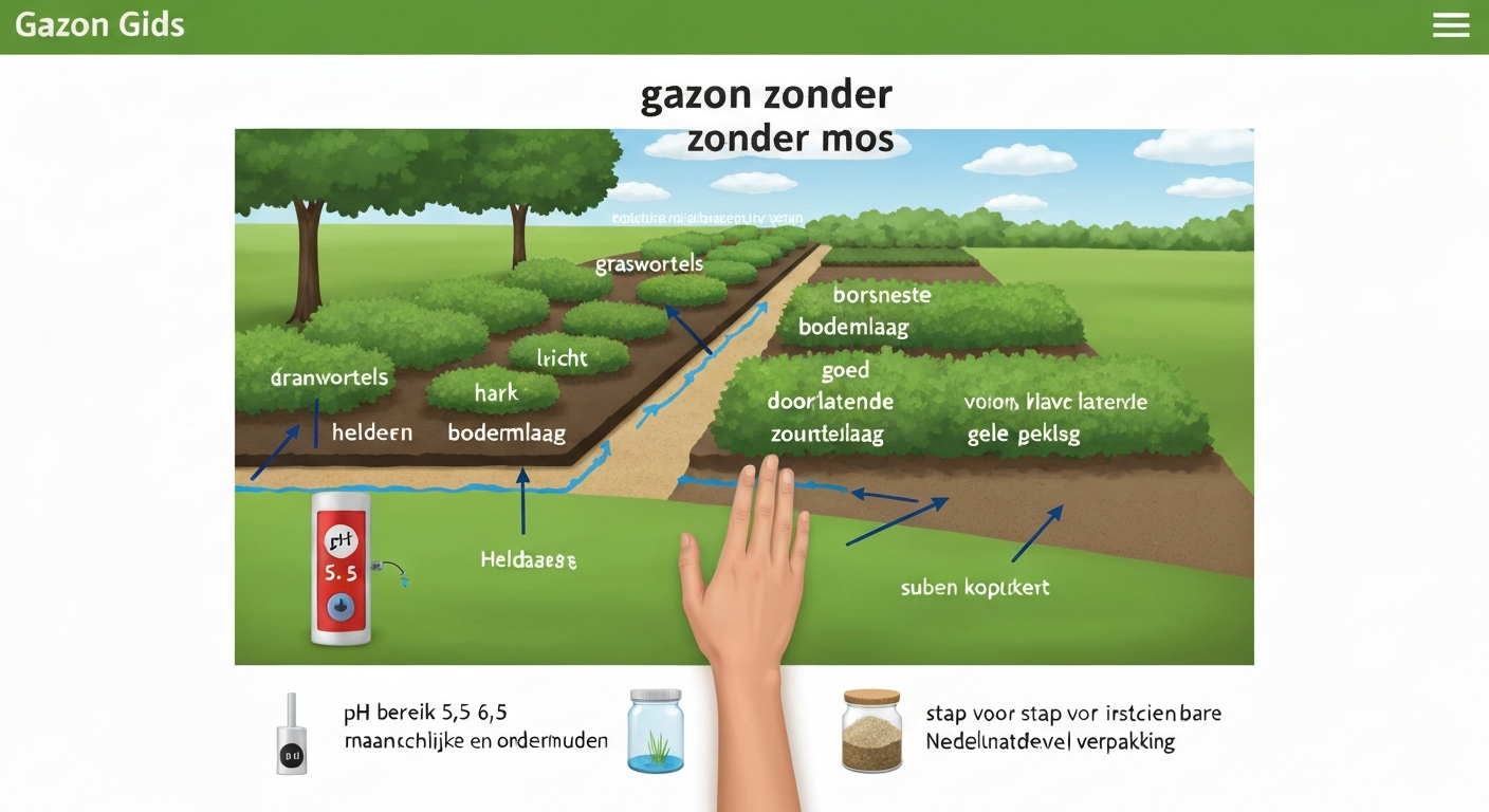 Informatieve illustratie van een gezond gazon met bodemdoorsnede, pH-meter en gereedschap