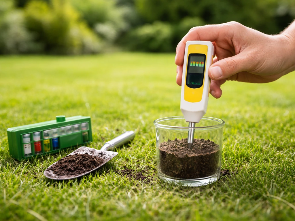 Persoon meet bodem-pH in het gazon met een pH-meter en grondmonster in daglicht.