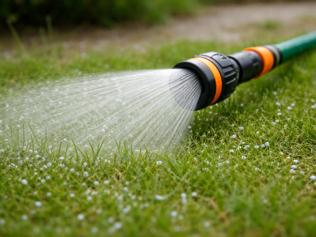 Tuinsproeier besproeit net na het strooien een gazon; korrels zijn nog zichtbaar tussen de grassprieten.