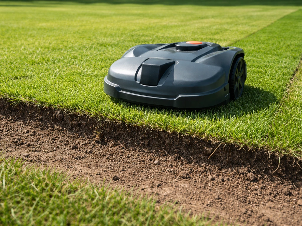 Close-up van een maairobot die kort maait en de zichtbaar gemaakte grond in een gazonstrook toont.