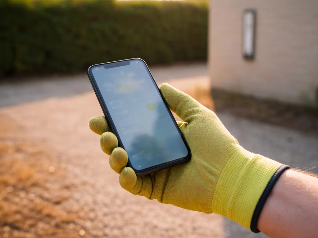 Persoon in handschoenen houdt een smartphone met weersinformatie bij een droge, warme dag buiten.