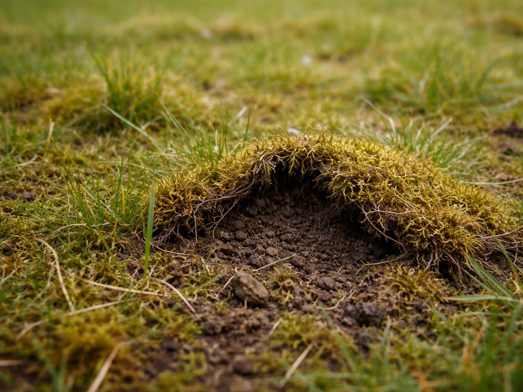 Close-up van een Nederlands gazon met zichtbaar mos en een verdichte moslaag tussen het gras.