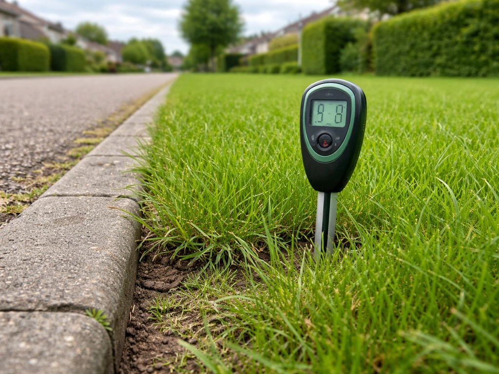 Groen gazon met thermometer/grondmeter bij een gazonrand onder licht bewolkte lucht, goede bodemconditie in beeld.