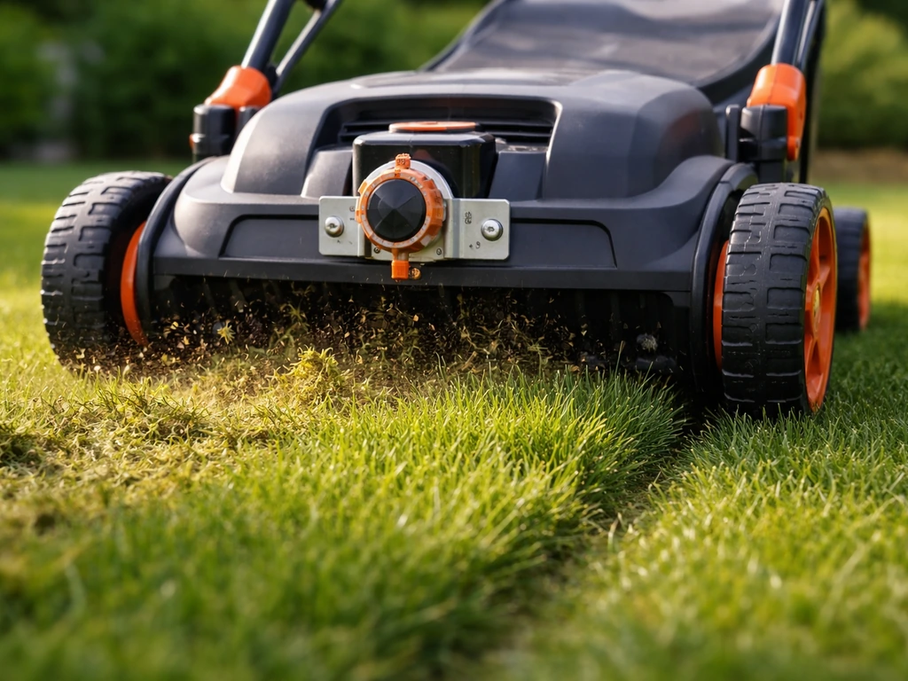 Verticuteermachine met ingestelde snijdiepteknoppen boven een gazonstrook tijdens het ontmossen