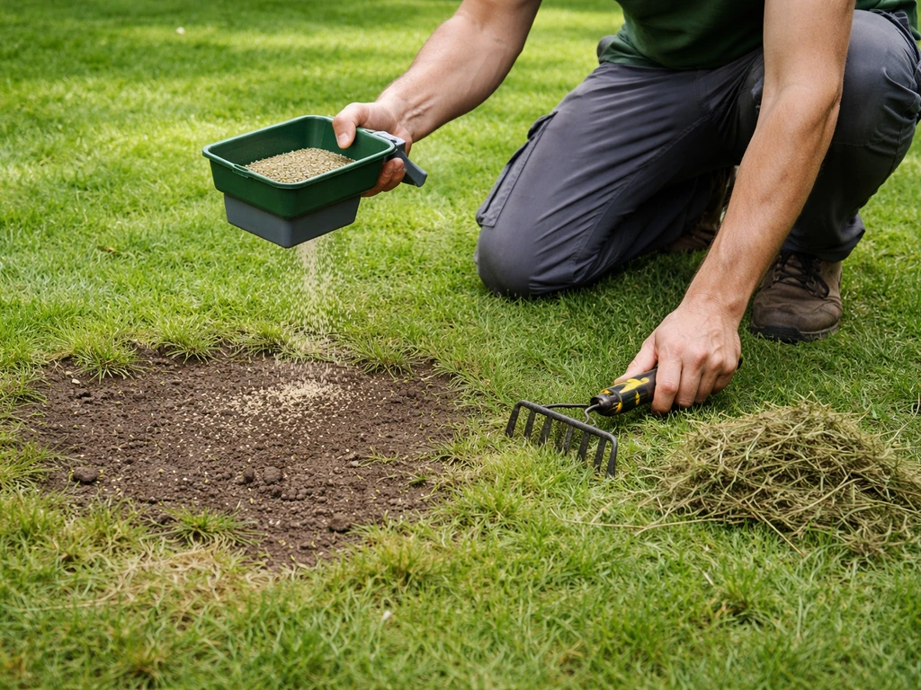 Tuinier strooit grassaad over kale plekken in het gazon na het ontmossen, met los materiaal op de grond.