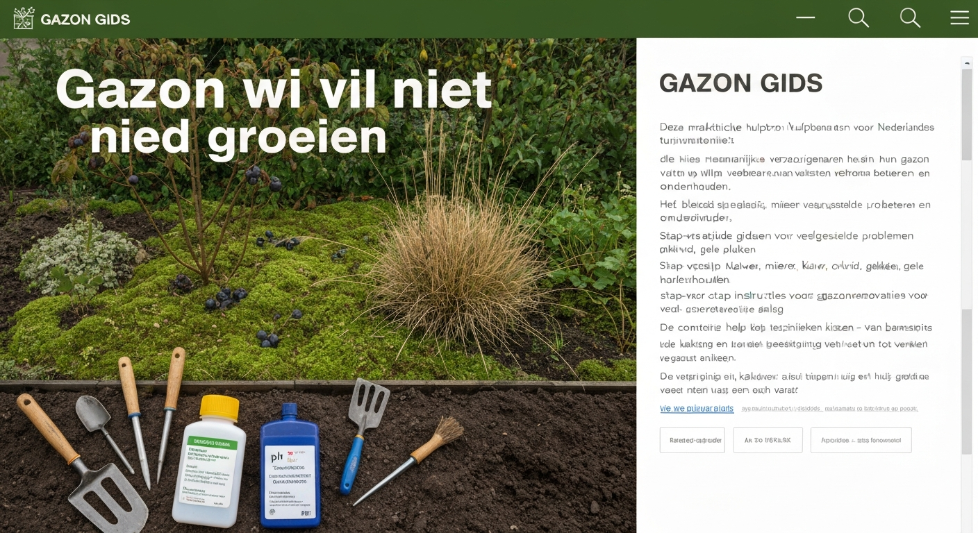 Nederlandse achtertuin met gazon met kale plekken; tuinier neemt bodemmonster met pH-testkit, spade en beluchtingsvork op de voorgrond.