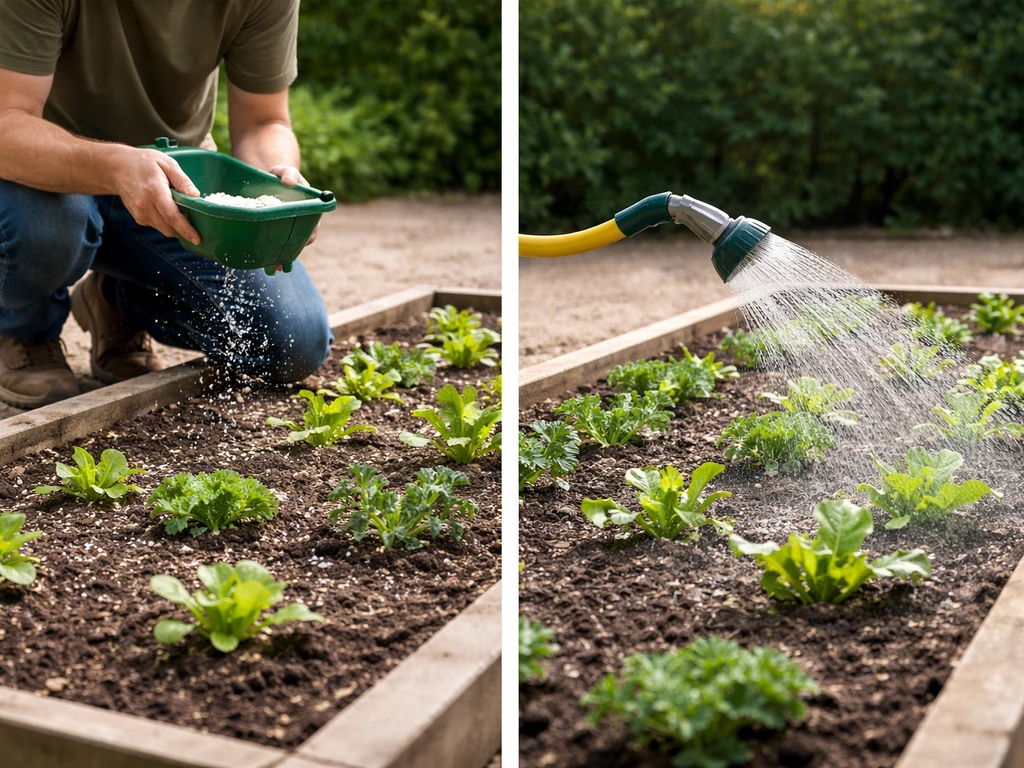 Tuinier die mest gelijkmatig uitstrooit en daarna één keer grondig besproeit met tuinslang.