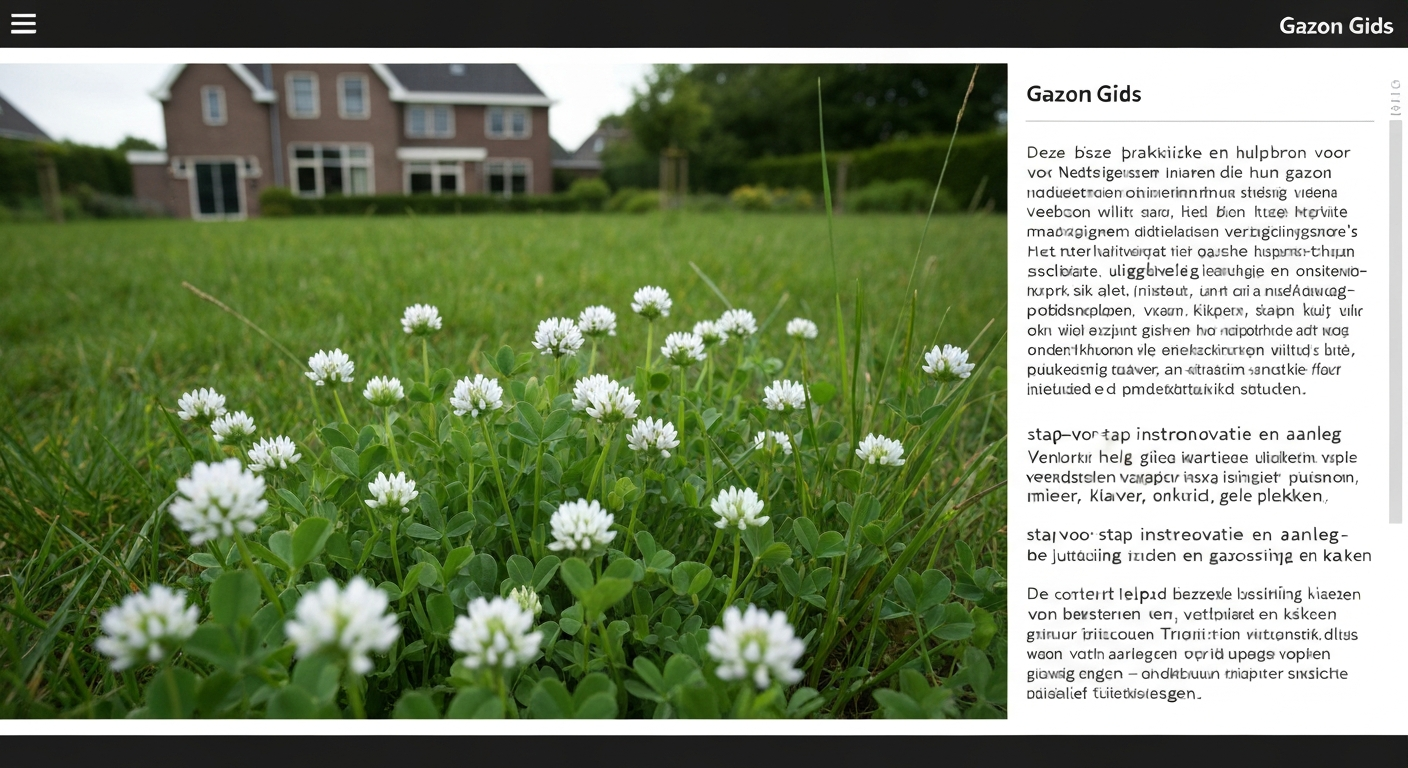 Fotorealistisch Nederlands gazon met gras en witte klaver; bijen op bloempjes, typische achtertuin op de achtergrond.