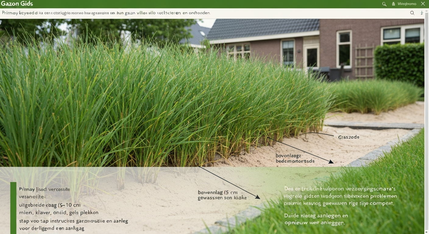 Illustratie van een gezond gazon op zandgrond met doorsnede die zandlaag en compost toont