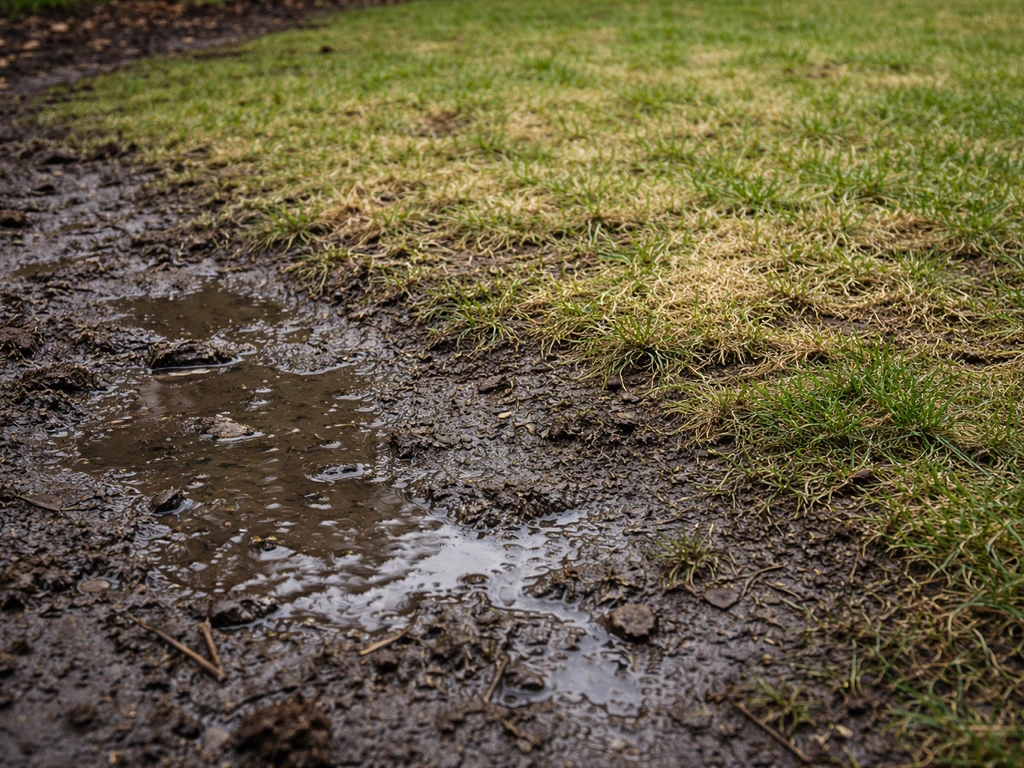 Plakkerige, natte grond met een duidelijk beschadigd, bleek gazon in een afgebakende strook