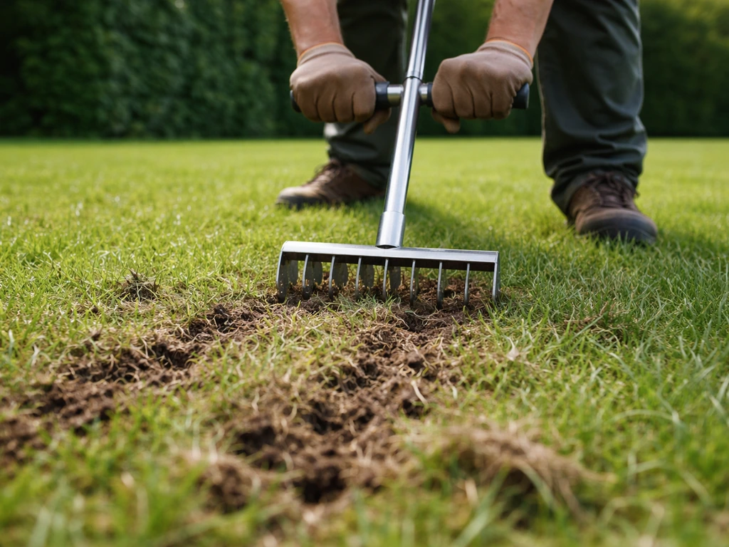 Handen beluchten/verticuteren het gazon; zichtbare priksporen en opengewerkte grond in een groen veld.