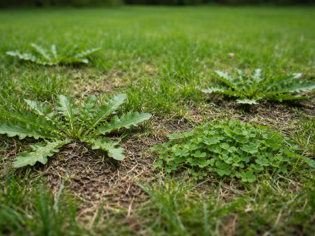 Close-up van groen gazon waarop paardenbloem, klaver en ander onkruid tussen het gras zichtbaar is.