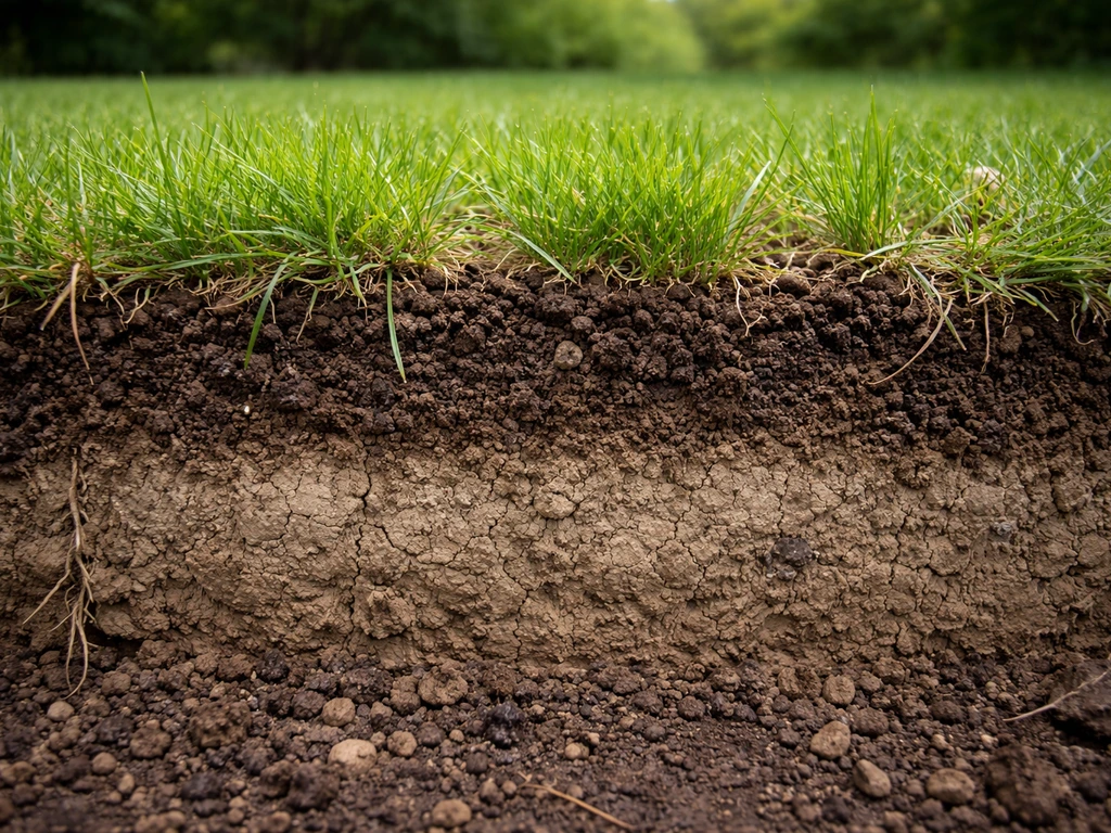Close-up van een opengegraven gras- en bodemprofiel met zichtbare verdichte, samengeperste ondergrond.