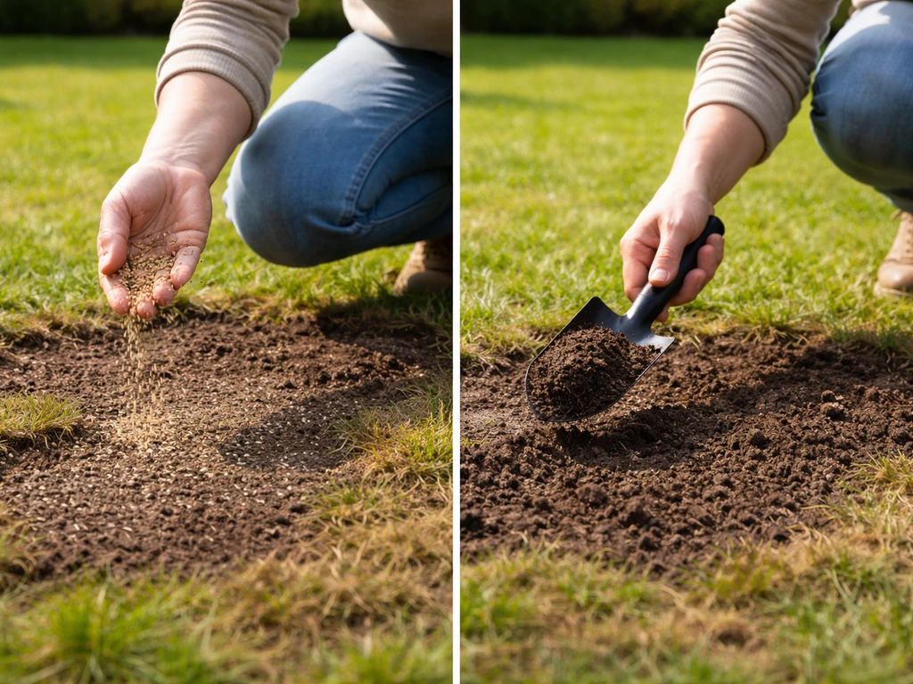 Kale plekken na verticuteren: iemand zaait graszaad in en bedekt het licht in het gazon.
