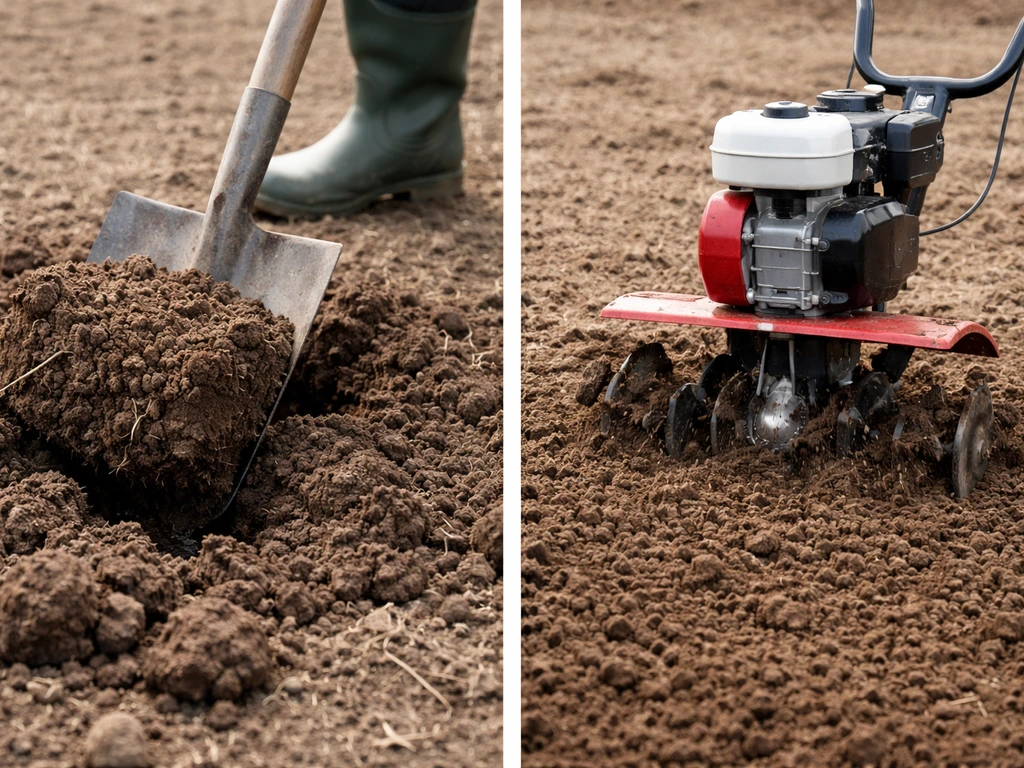 Links spade die een kluit omkeert, rechts tuinfrees die grond losmaakt; beide scènes in één eenvoudige vergelijking.