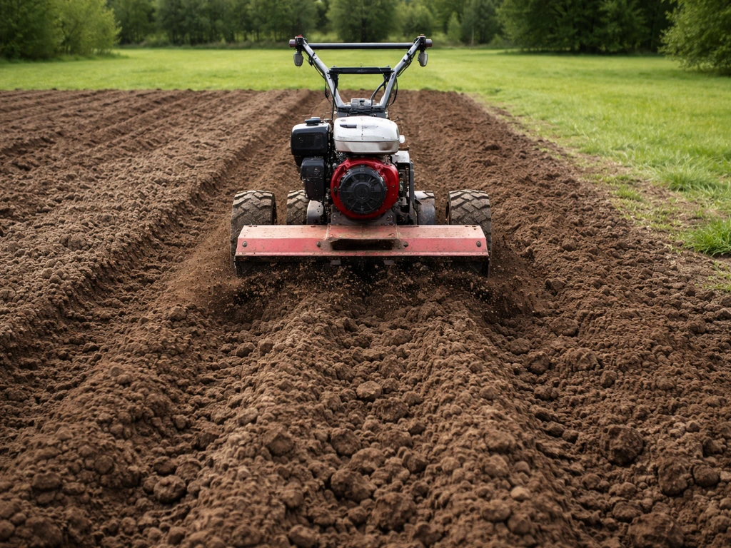 Tuinfrees die een groter gazon bewerkt met brede stroken, op zware verdichte grond.