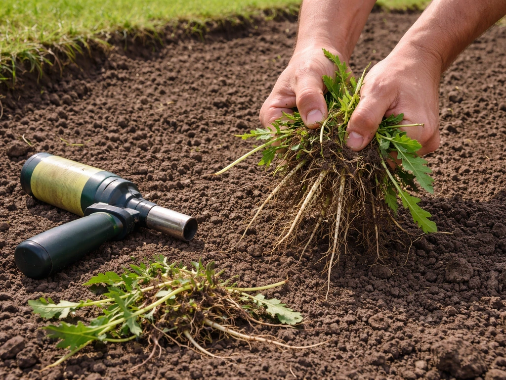 Handen die grof onkruid met wortels uit een net omgewoelde tuin verwijderen, schone bodem zichtbaar.